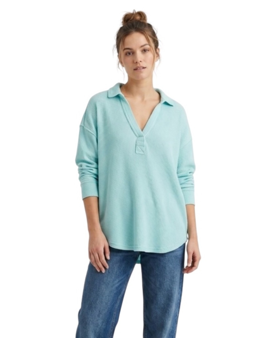 Aerie Waffle Knit Henley Pullover Sz M Blue Oversized Lounge Athleisure Coastal